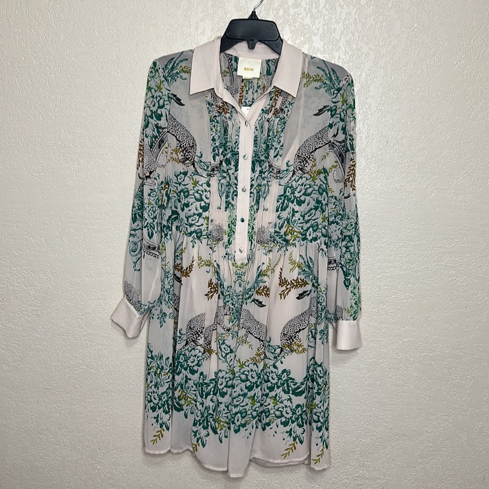 Anthropologie White Dress with Green Botanical & Black Leopard Print - Picture 5 of 9
